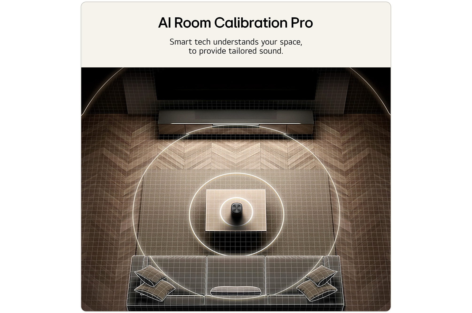 LG Stereo 5 speaker with AI Room Calibration Pro, analysing room acoustics and optimising sound performance based on the listening environment.